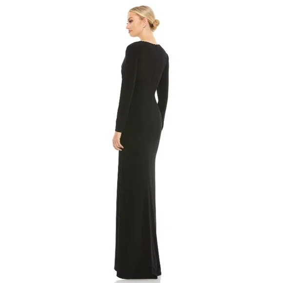 IEENA FOR MAC DUGGAL Jersey Gown 12 Black Long Sleeve Asymmetrical Ruched NWT - Picture 3 of 15